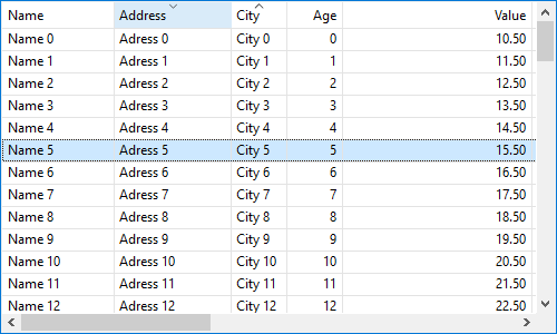 Captura de un control TableView en Windows.