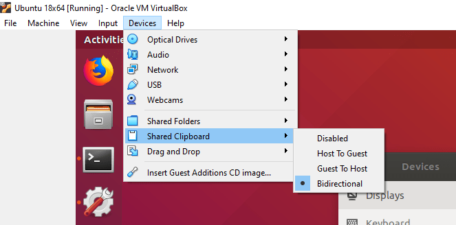 Captura del menú de VirtualBox Devices->Shared Clipboard.