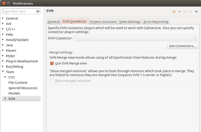 Panel de preferencias Subversion en Eclipse.