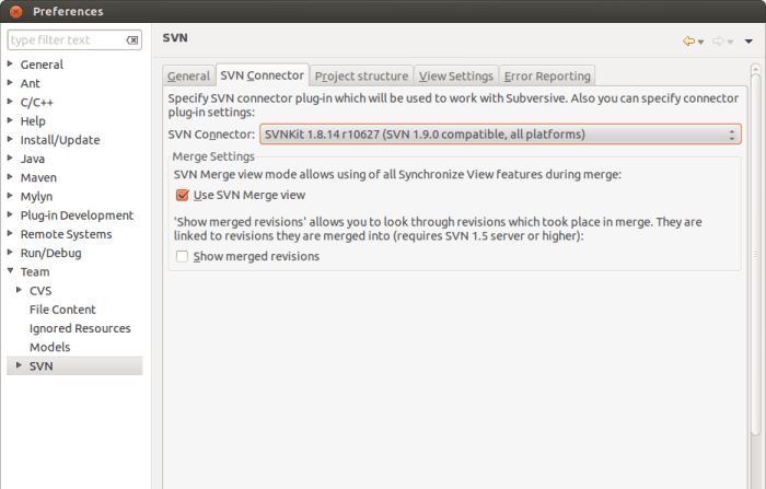 Panel de preferencias Subversion en Eclipse.