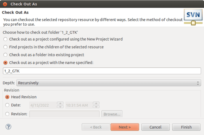 SVN Checkout dialog inside Eclipse.