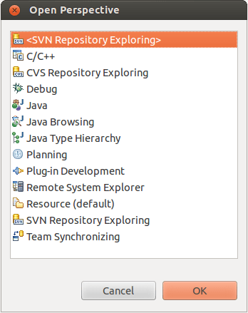 Cuadro de selección de perspectivas en Eclipse.