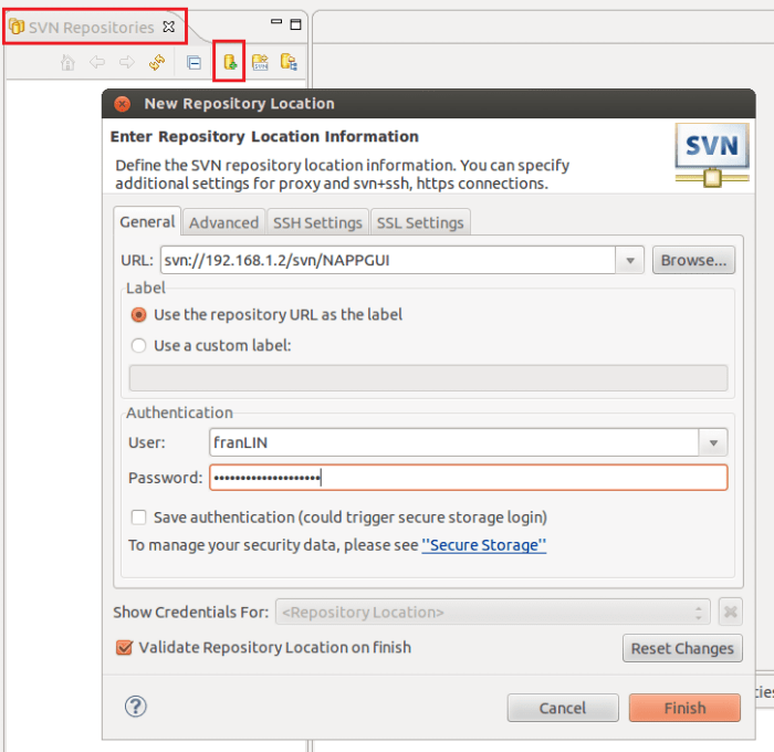 Cuadro de ubicación de repositorio Subversion en Eclipse.