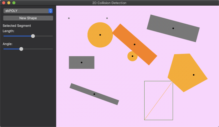 Captura de una aplicación de detección de colisiones 2D.  Versión macOS.