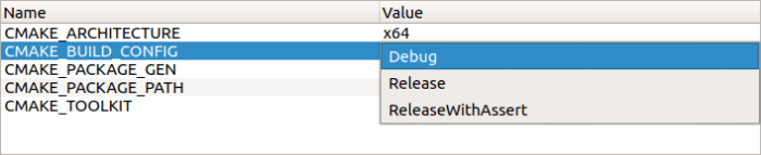 Menú de selección de configuración en CMake.