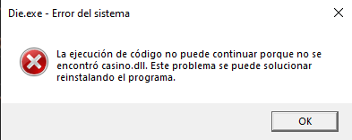 Mensaje de error emitido por Windows cuando no puede cargar una DLL.