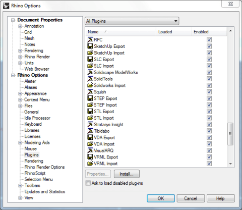 Captura del listado de plug-ins del programa Rhinoceros 3D.