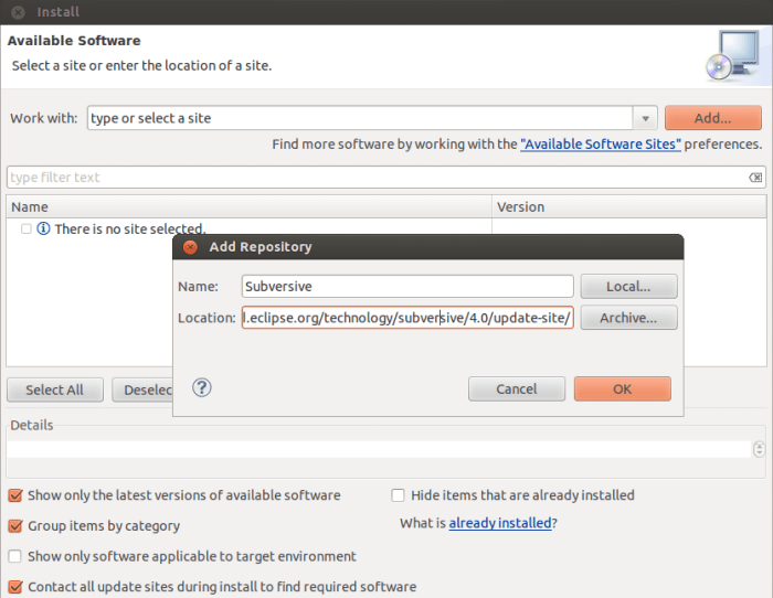 Installation panel of new software in Eclipse.