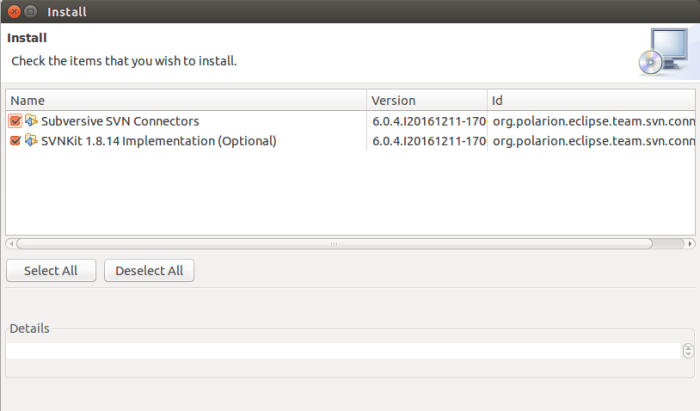 Subversion plugin component installation panel.