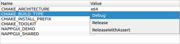 Configuration selection menu in CMake.