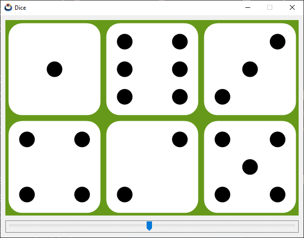 Screenshot of the Dice app, which draws six dice randomly.