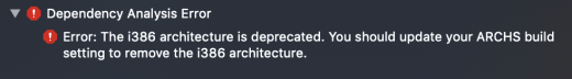 Error message in Xcode 10 when compiling in 32bits.