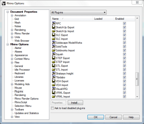 Screenshot of the list of plug-ins for the Rhinoceros 3D program.