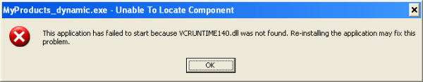 Error message caused by missing VC++ libraries.