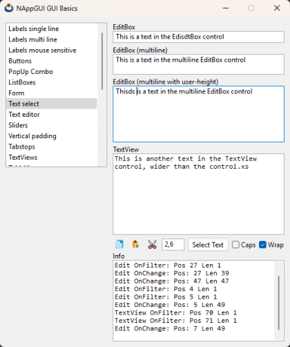 Controles de texto que permiten selección y operaciones en el portapapeles.