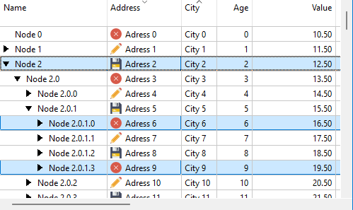 Control TableView en Windows mostrando datos jerárquicos en modo árbol.