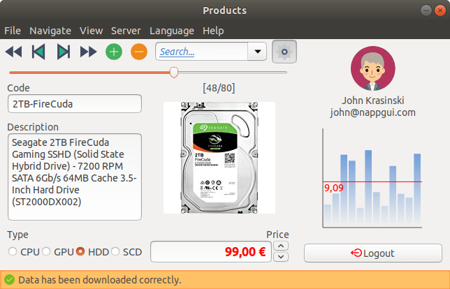 Capture of the Linux version of the application Products.