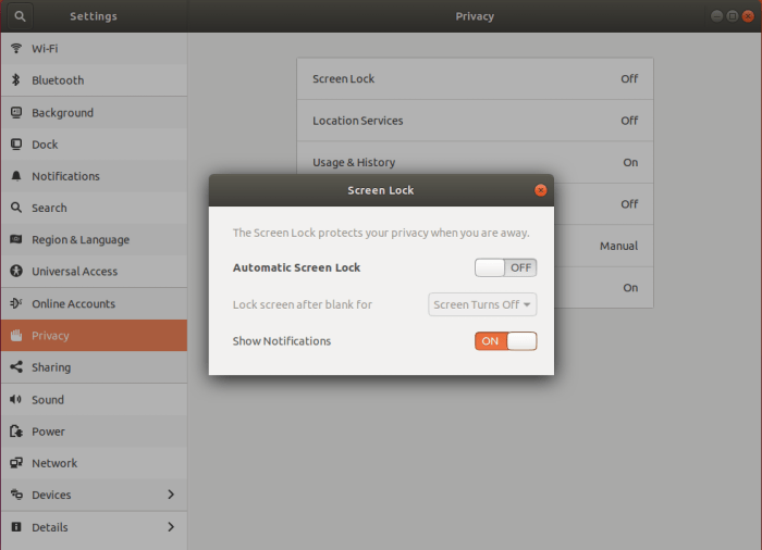 Ubuntu 18 Privacy->Screen Lock Menu.