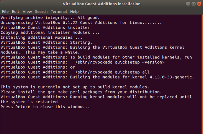 Terminal Linux tras la ejecución del Guest Additions CD Image.