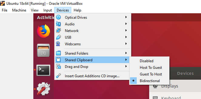 Screenshot of VirtualBox Devices->Shared Clipboard menu.