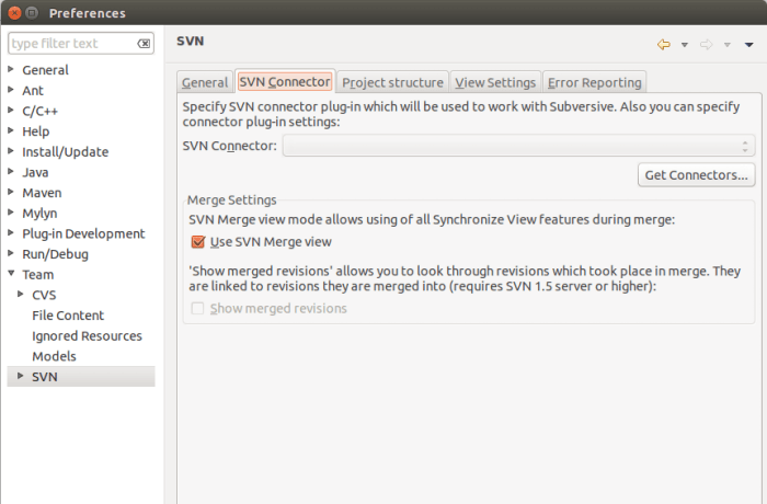 Subversion preferences panel in Eclipse.