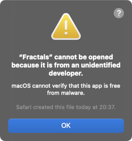 Mensaje de macOS al intentar ejecutar una aplicación de terceros.