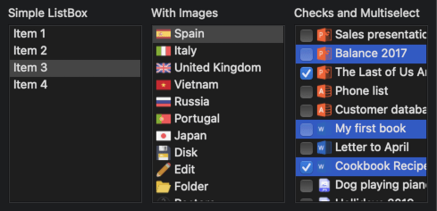 Screenshot of several ListBox in macOS.