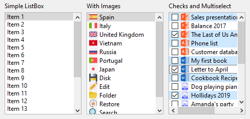 Screenshot of several ListBox in Windows.