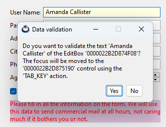 Displays a form where the user is asked if the data is valid.