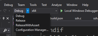 Menú de selección de configuración en Visual Studio.