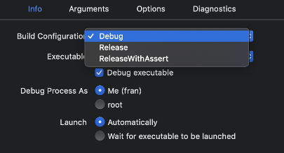 Configuration selection menu in Xcode.