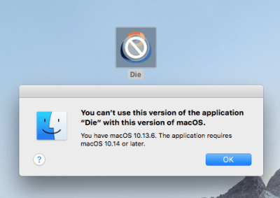 Error al ejecutar una aplicación con deployment target 10.14 en macOS High Sierra.