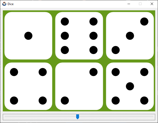 Screenshot of the Dice app, drawing six dice at random.