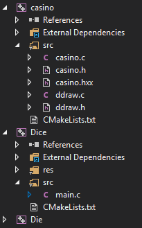 Visual Studio screenshot showing a new project with the casino library.