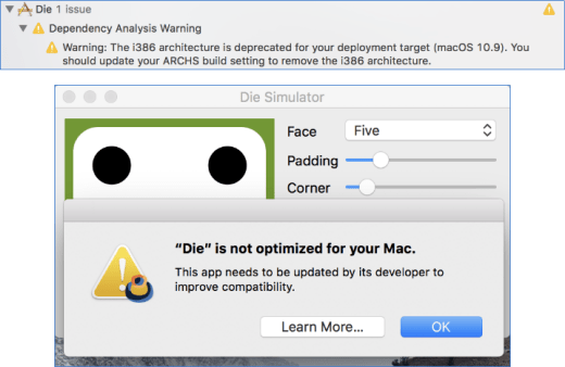 macOS warning when trying to run 32bit applications.
