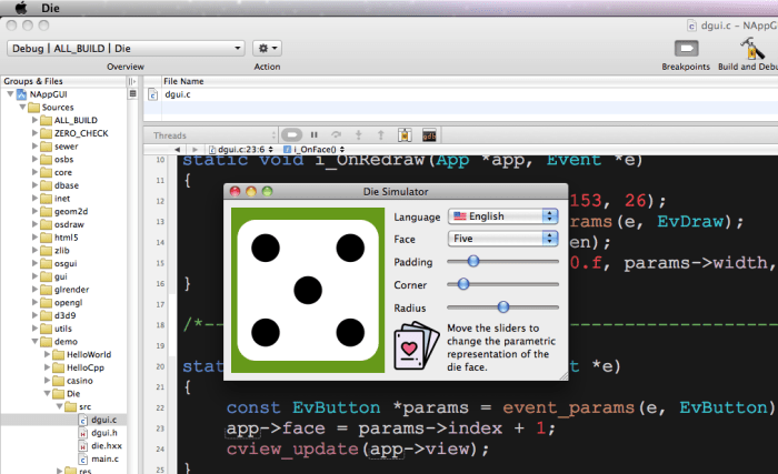 Debugging the Die app from Xcode in Snow Leopard.