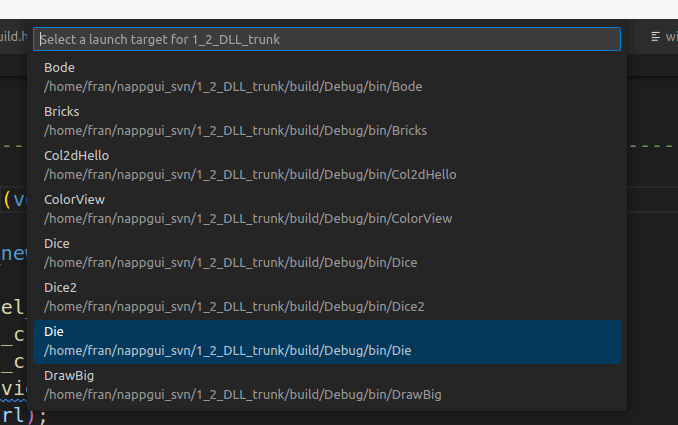 CMake Set Debug Target dentro de Visual Studio Code.