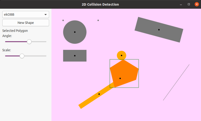 Screenshot of a 2D collision detection application. Linux version.