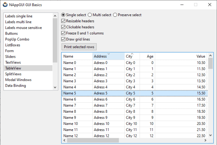 Tabulated data view in a table control.