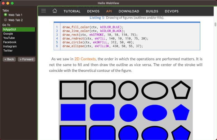 Captura de una aplicación con un visor Web. Versión macOS.