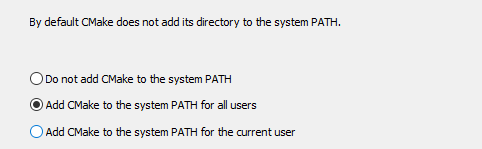 The CMake installer showing the PATH selection in Windows.